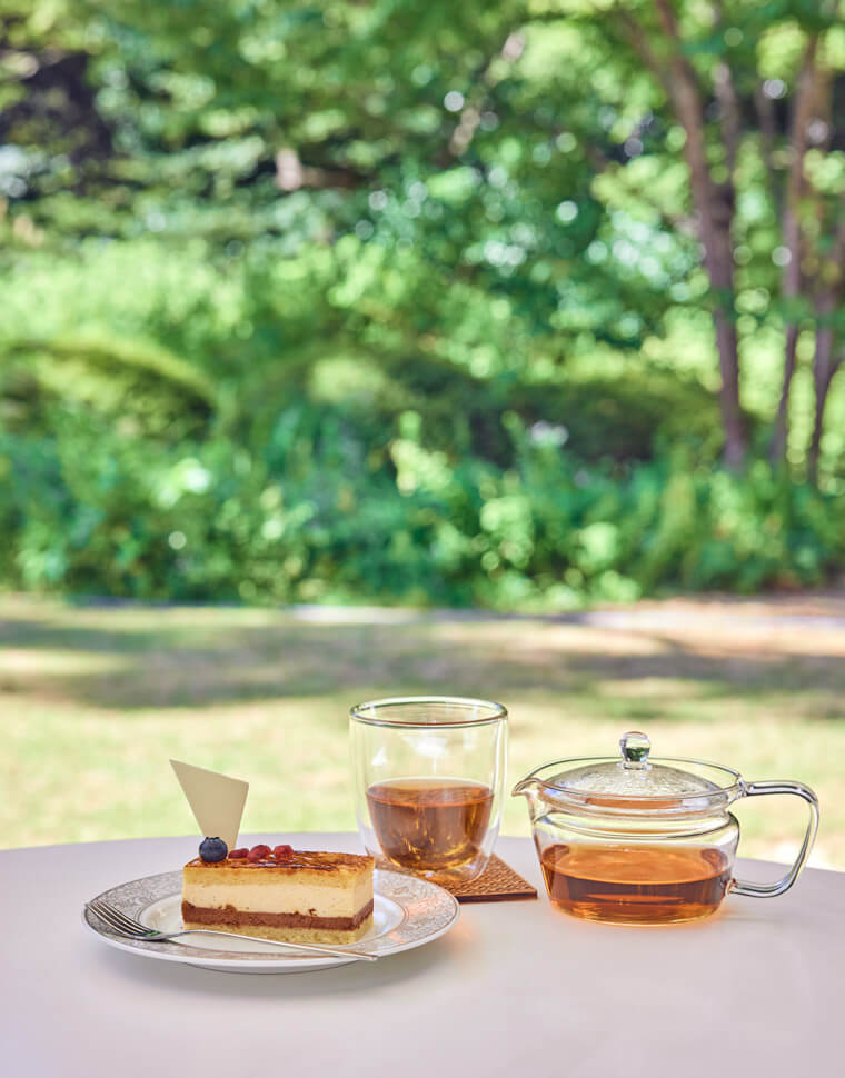 カフェ庭園のケーキと紅茶の写真