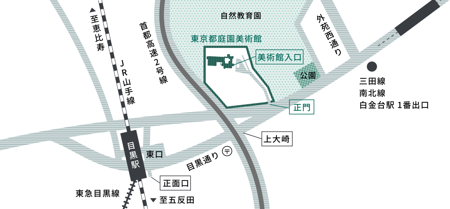 目黒駅と白金台駅から東京都庭園美術館までの地図