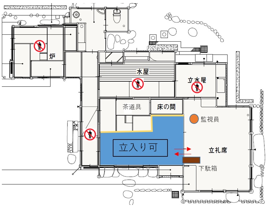 茶室「光華」の見取り図。立ち入り可能な場所を示している。