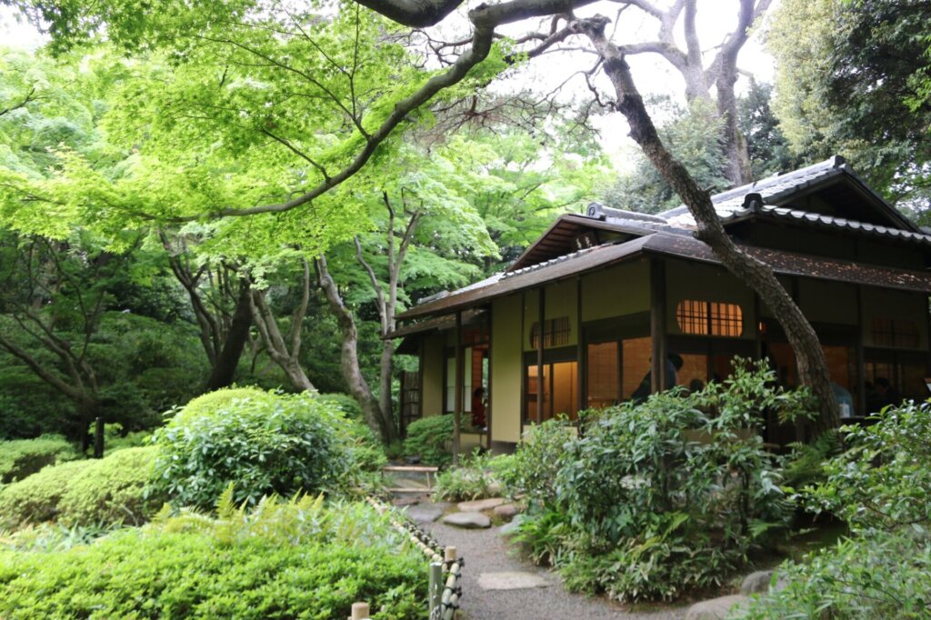 日本庭園の新緑に囲まれた茶室「光華」の外観