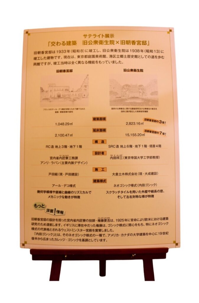 旧公衆衛生院と旧朝香宮邸の建物が比較されたパネル