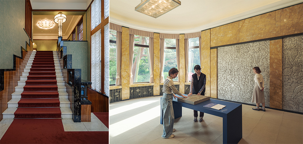 左：館内の階段の写真。　右：「五感と記憶で旅する庭園美術館」で用意されたものを触って体感している様子。