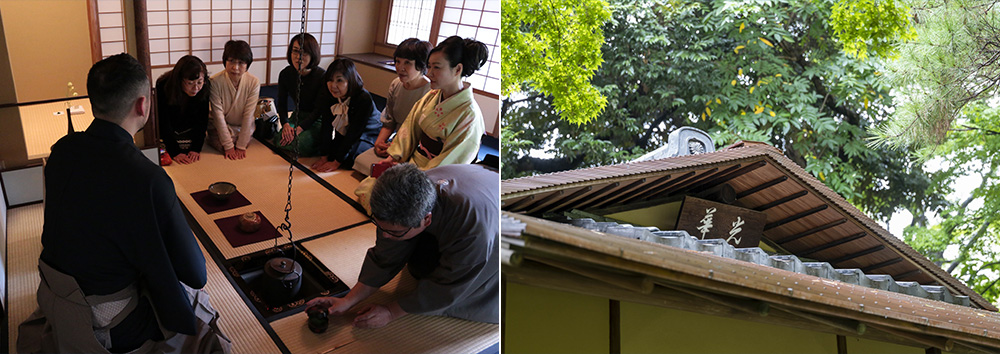 左：茶会を楽しむ参加者の様子。畳に手をついて礼をしている。　右：茶室「光華」の屋根